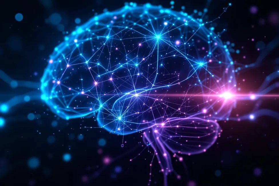 Illustration of a brain drawn as glowing, connected nerve cells